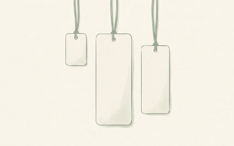 Ilustración: tres etiquetas de precio en blanco colgadas de cordones, de tamaños distintos