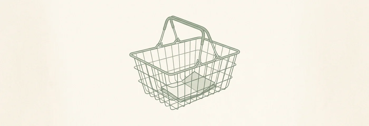 Ilustración: una cesta de la compra de alambre vacía con un solo folleto doblado dentro