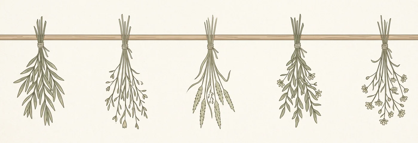 Ilustración: cinco manojos de plantas secas colgados boca abajo en fila de una vara