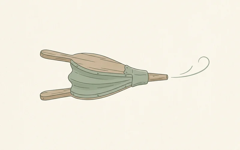 Ilustracja: drewniany miech na pustej powierzchni, przed dyszą pojedynczy podmuch powietrza