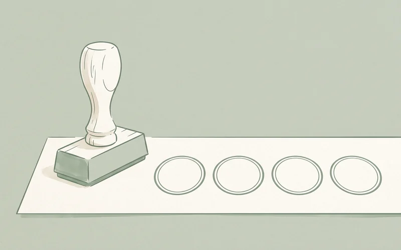 Ilustracja: pieczątka obok rzędu czterech identycznych odbitek, pustych w środku