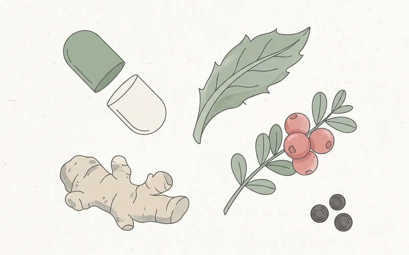 Ilustracja: kapsułka w przekroju obok liścia karczocha, gałązki żurawiny, kłącza imbiru i ziaren pieprzu