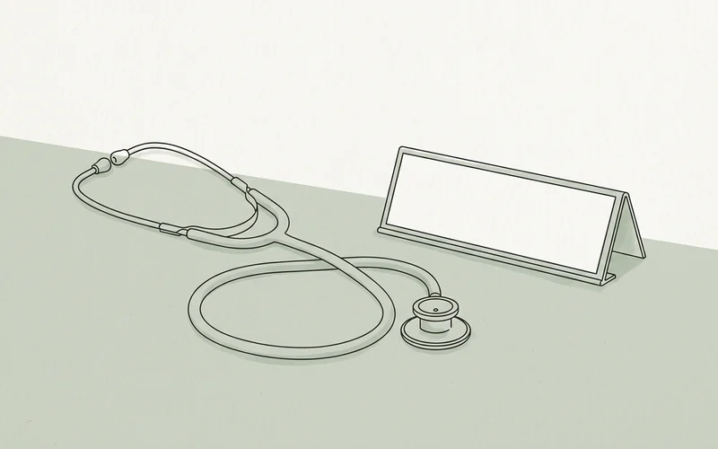 Ilustracja: stetoskop leżący obok pustej tabliczki z nazwiskiem, bez żadnego napisu