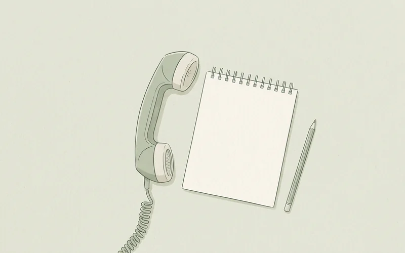 Ilustracja: odłożona słuchawka telefoniczna obok pustego notatnika
